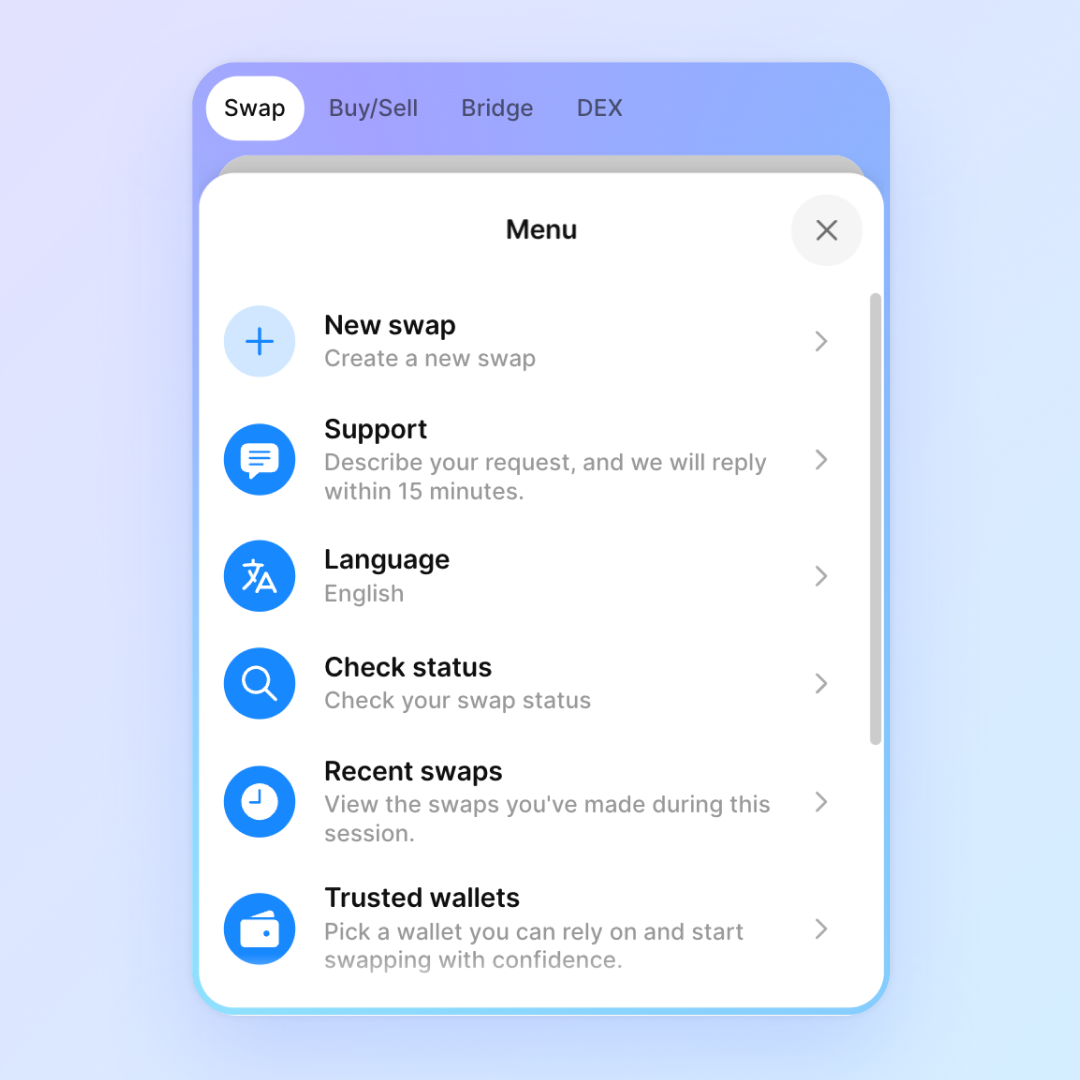Widget 4.0 expanded menu showing quick access to swaps, assistance, language selection, status checks, recent swaps, and trusted wallets