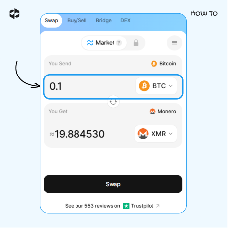 In the You Send field, select the asset to swap and indicate the amount