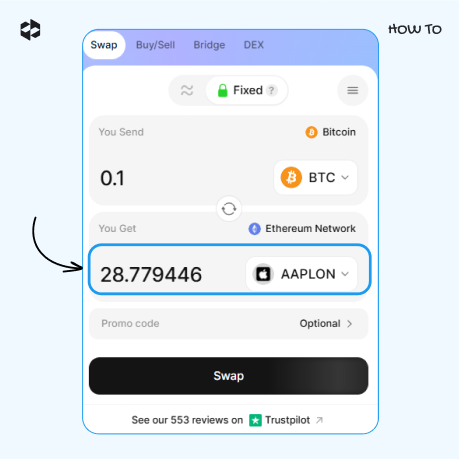 The coin and the amount to receive are displayed in the You Get field