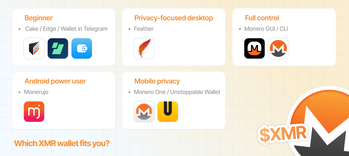 Decision tree helping users choose a Monero wallet based on experience level, platform, privacy needs, and control