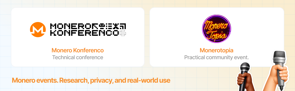 Comparison of Monero Konferenco and Monerotopia as key Monero ecosystem events focused on research, privacy, community, and real-world use