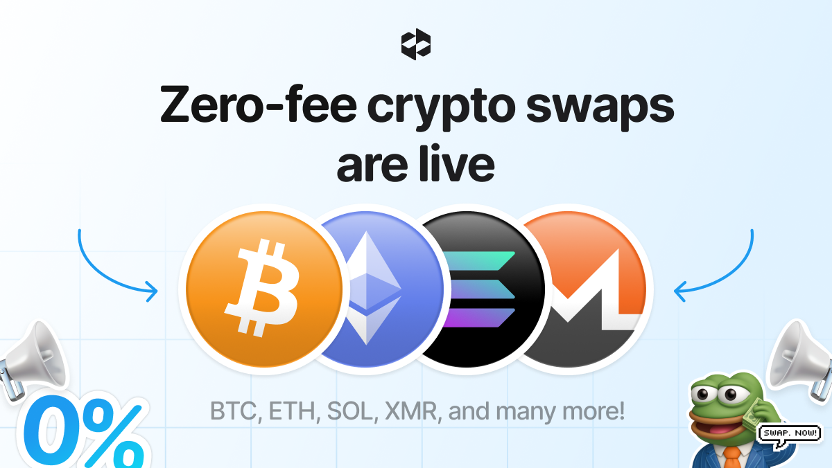 Promotional banner highlighting zero service fees and more favorable swap outcomes for selected crypto pairs on LetsExchange