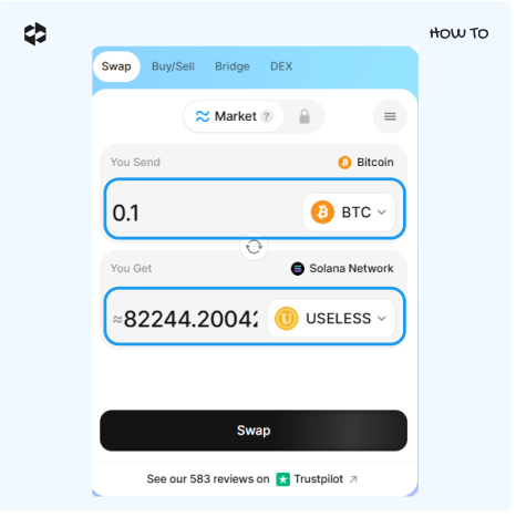 Provide coins and amounts to swap