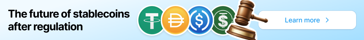The logos of several stablecoins besides a judge’s hammer.