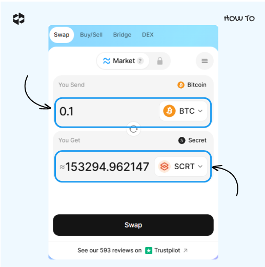Choose the coins to send and receive, provide the amount