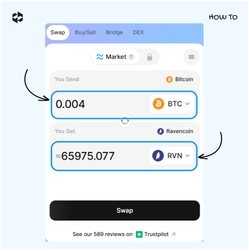 Pick the coin to send and to receive. Provide the amount to send.